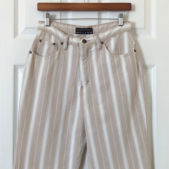 NY Line 90's Vintage Classic Striped High Waisted Tapered Leg Pants Tan White 28 - Picture 2 of 15